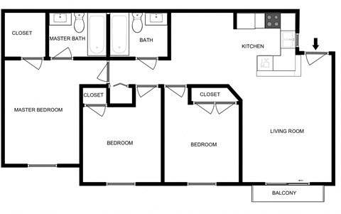 Floor plan for 3 beds, 2 baths, 962 sqft